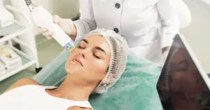 Close-up of an Agnes RF treatment being performed on a patient's face in Albuquerque, NM